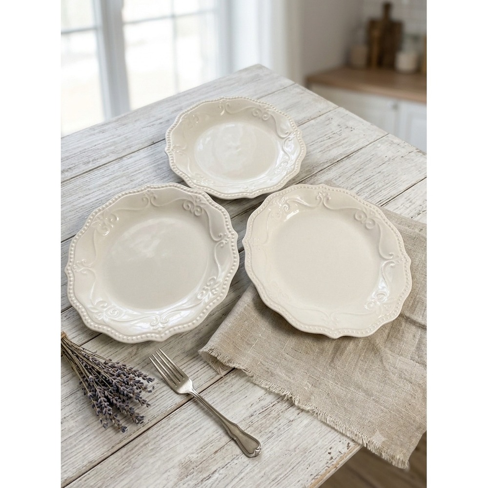 Pioneer Woman Farmhouse Lace Linen Salad Plates Scalloped Embossed Set of 3